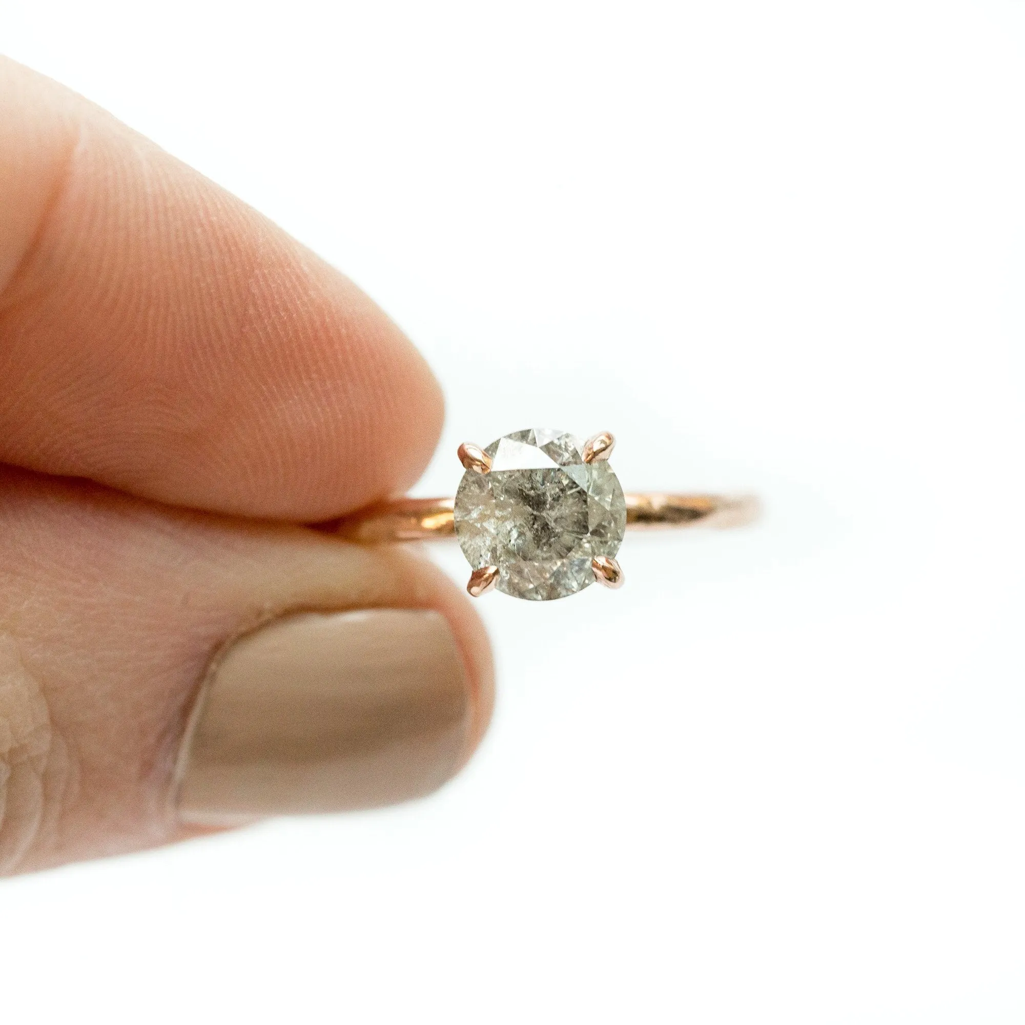 1.12ct Grey Salt & Pepper Diamond in Hand Carved Solitaire Engagement Ring - Rose Gold Round Solitaire