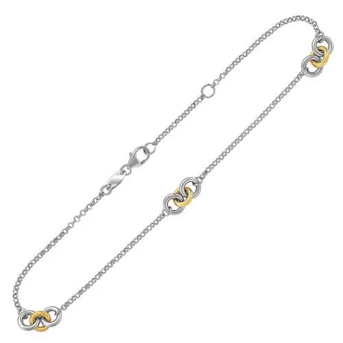 14k Yellow Gold and Sterling Silver Triple Ring Stationed Anklet, size 10''