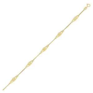 14k Yellow Gold Anklet with Fancy Diamond Shape Filigree Stations, size 10''