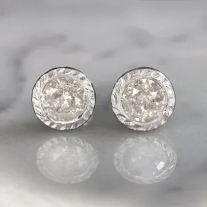 1.5ct NATURAL DIAMOND STUD EARRINGS RUSTIC HAMMERED 14K ROUND BEZEL SALT PEPPER
