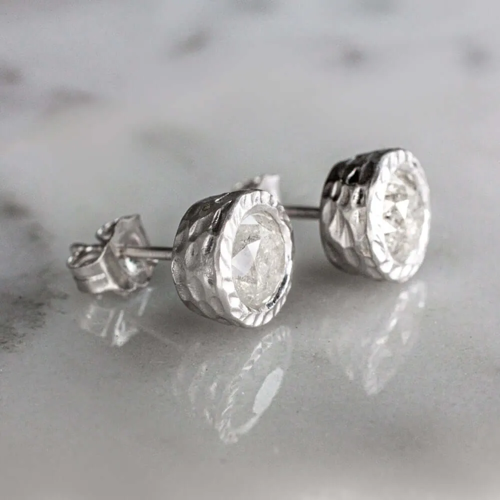1.5ct NATURAL DIAMOND STUD EARRINGS RUSTIC HAMMERED 14K ROUND BEZEL SALT PEPPER