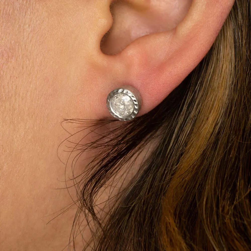 1.5ct NATURAL DIAMOND STUD EARRINGS RUSTIC HAMMERED 14K ROUND BEZEL SALT PEPPER
