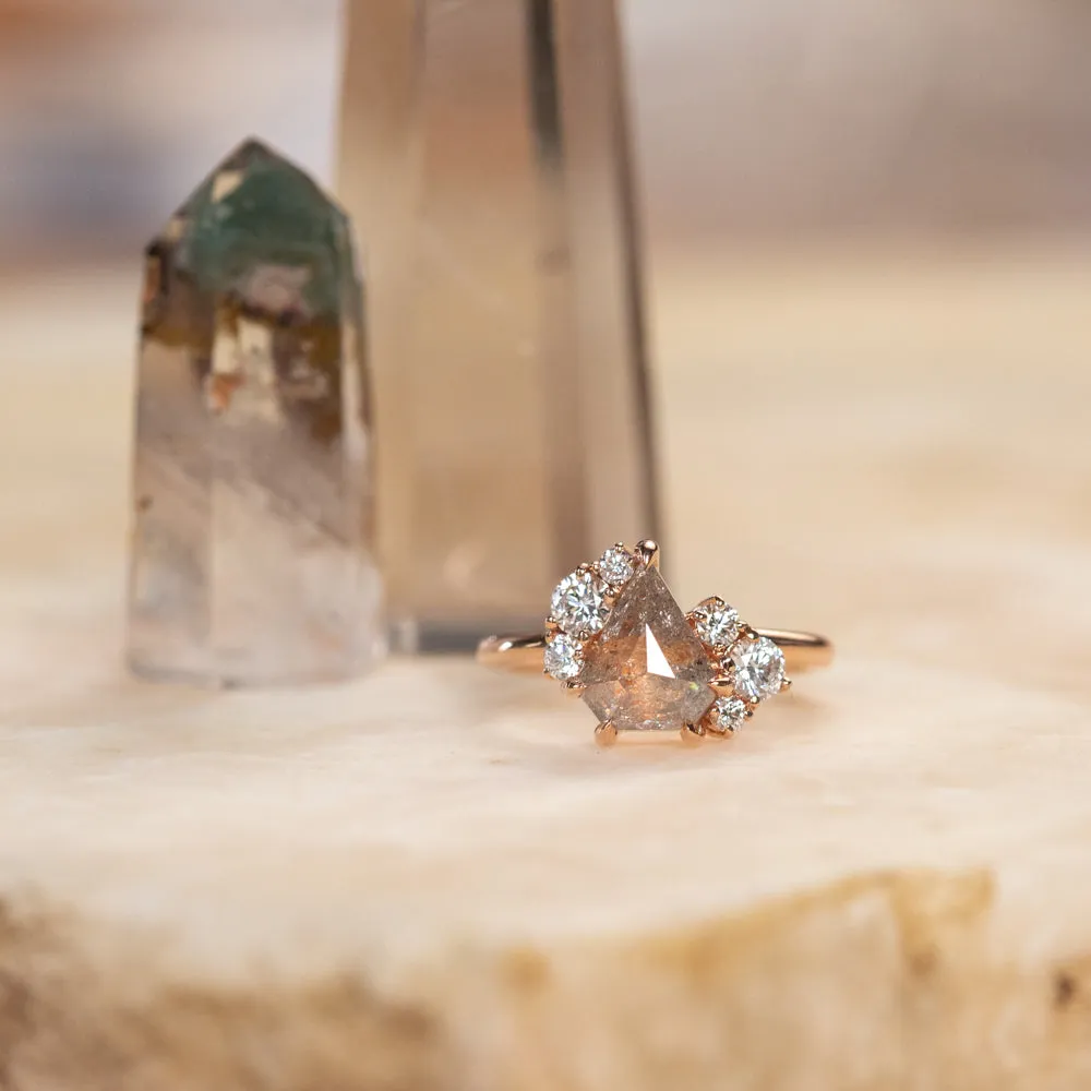 2.12ct Shield Rosecut Coral Colored Diamond Asymmetrical Cluster Low Profile Ring in 18k Rose Gold