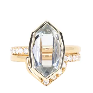 4.19ct Untreated Hexagon Portrait Cut Seaglass Colored Sapphire Bezel Set and Asymmetrical Diamond Ring with Curved Diamond Band In 18k Yellow Gold