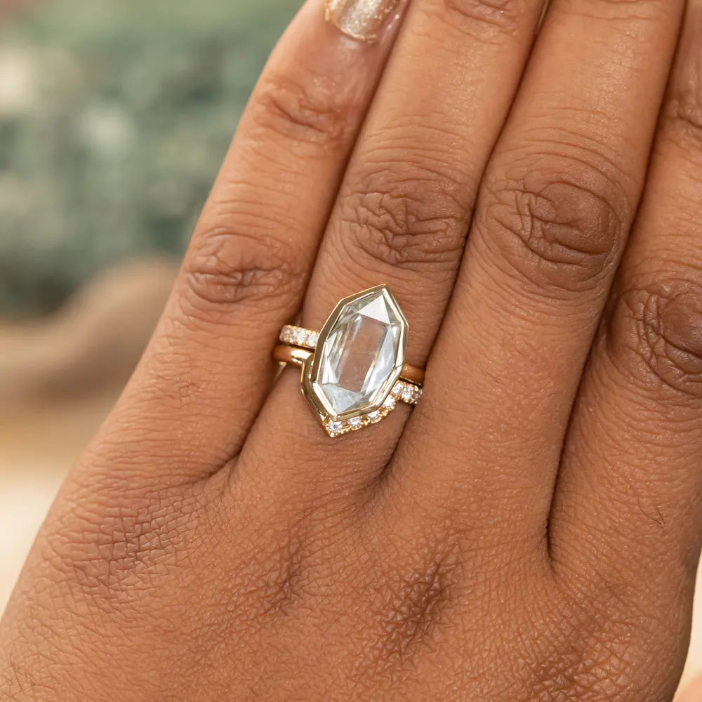 4.19ct Untreated Hexagon Portrait Cut Seaglass Colored Sapphire Bezel Set and Asymmetrical Diamond Ring with Curved Diamond Band In 18k Yellow Gold