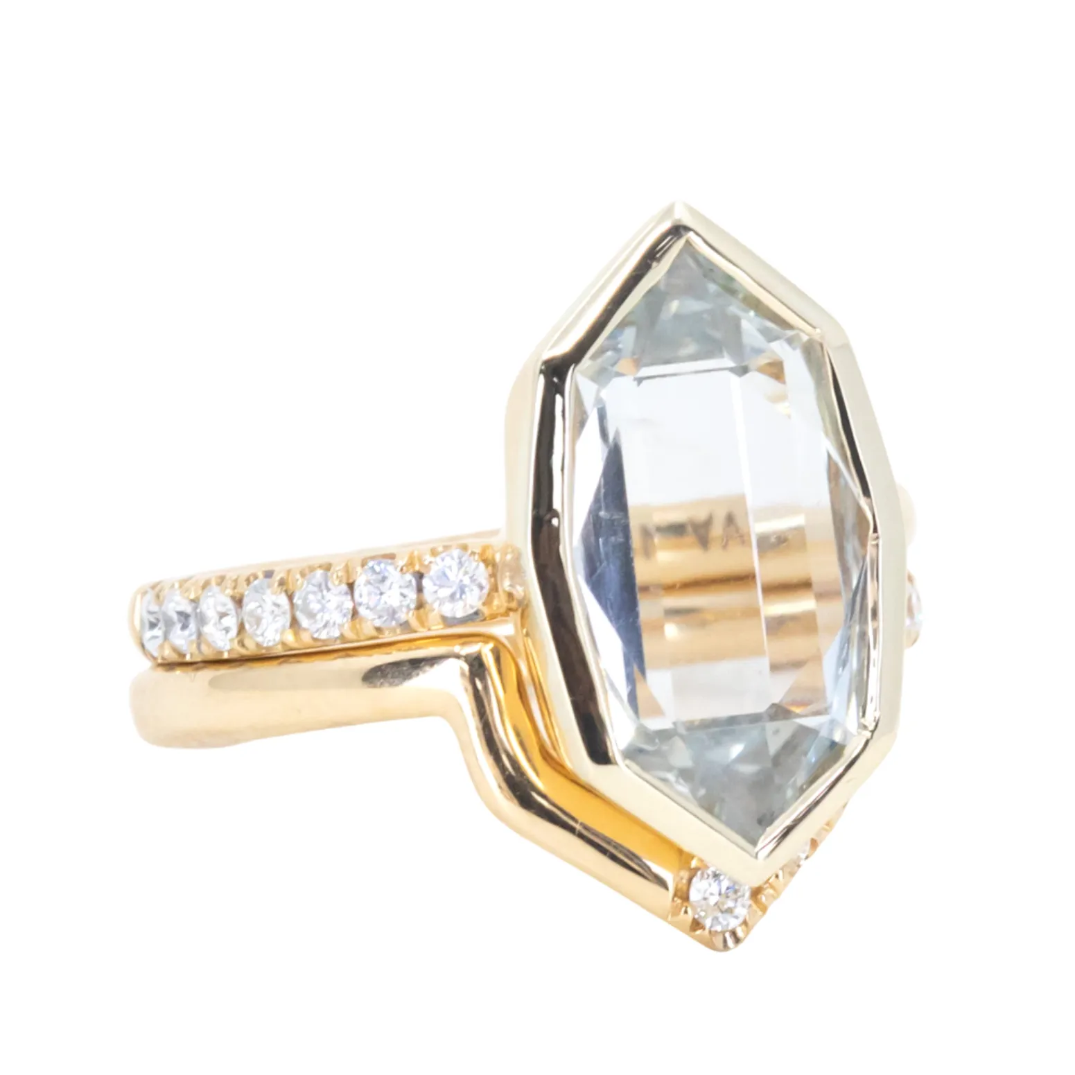 4.19ct Untreated Hexagon Portrait Cut Seaglass Colored Sapphire Bezel Set and Asymmetrical Diamond Ring with Curved Diamond Band In 18k Yellow Gold