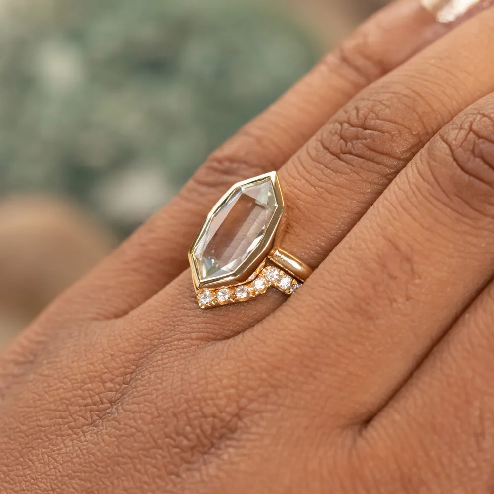 4.19ct Untreated Hexagon Portrait Cut Seaglass Colored Sapphire Bezel Set and Asymmetrical Diamond Ring with Curved Diamond Band In 18k Yellow Gold