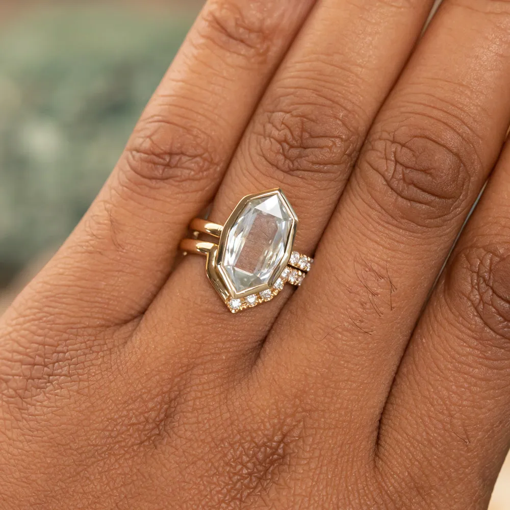 4.19ct Untreated Hexagon Portrait Cut Seaglass Colored Sapphire Bezel Set and Asymmetrical Diamond Ring with Curved Diamond Band In 18k Yellow Gold