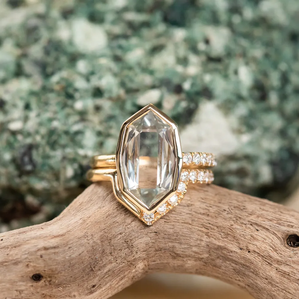 4.19ct Untreated Hexagon Portrait Cut Seaglass Colored Sapphire Bezel Set and Asymmetrical Diamond Ring with Curved Diamond Band In 18k Yellow Gold