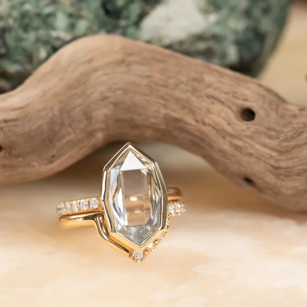 4.19ct Untreated Hexagon Portrait Cut Seaglass Colored Sapphire Bezel Set and Asymmetrical Diamond Ring with Curved Diamond Band In 18k Yellow Gold