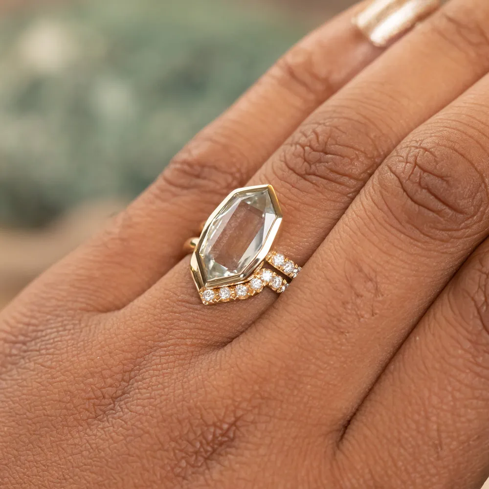 4.19ct Untreated Hexagon Portrait Cut Seaglass Colored Sapphire Bezel Set and Asymmetrical Diamond Ring with Curved Diamond Band In 18k Yellow Gold