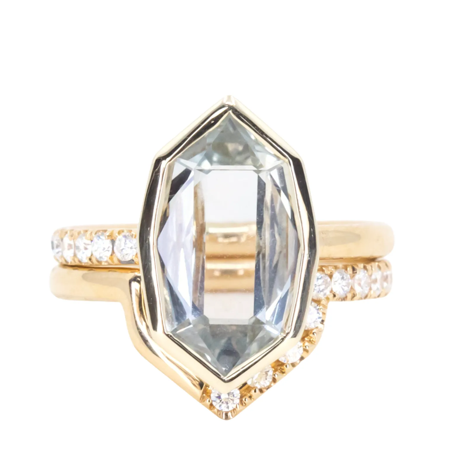 4.19ct Untreated Hexagon Portrait Cut Seaglass Colored Sapphire Bezel Set and Asymmetrical Diamond Ring with Curved Diamond Band In 18k Yellow Gold