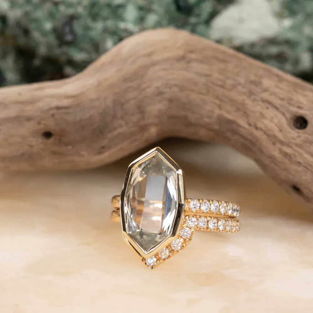 4.19ct Untreated Hexagon Portrait Cut Seaglass Colored Sapphire Bezel Set and Asymmetrical Diamond Ring with Curved Diamond Band In 18k Yellow Gold