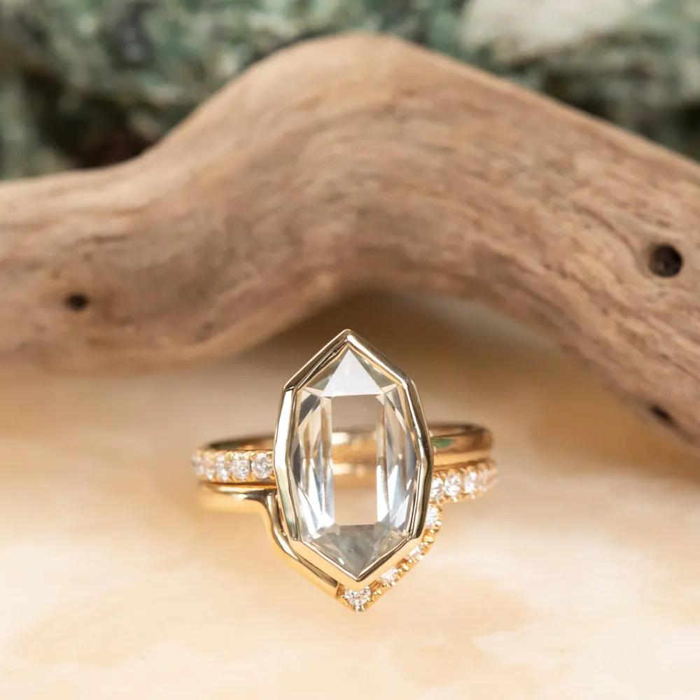 4.19ct Untreated Hexagon Portrait Cut Seaglass Colored Sapphire Bezel Set and Asymmetrical Diamond Ring with Curved Diamond Band In 18k Yellow Gold
