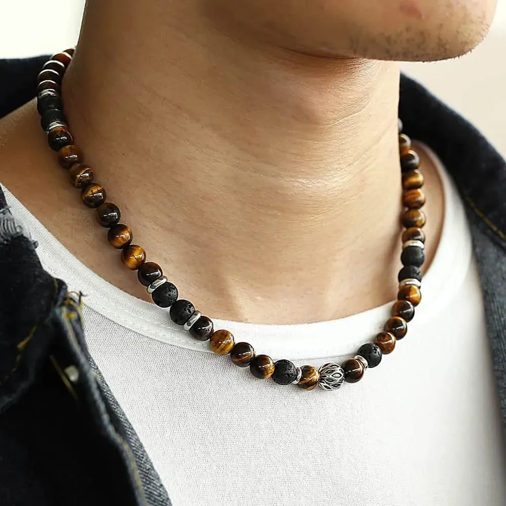 8mm Natural Stone Tiger Eyes Lava Bead Necklace Stainless Steel  Charm Choker 18/20 inch