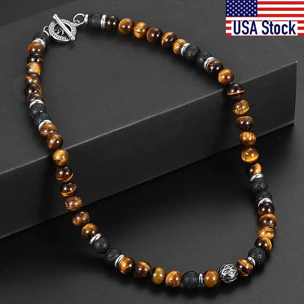 8mm Natural Stone Tiger Eyes Lava Bead Necklace Stainless Steel  Charm Choker 18/20 inch