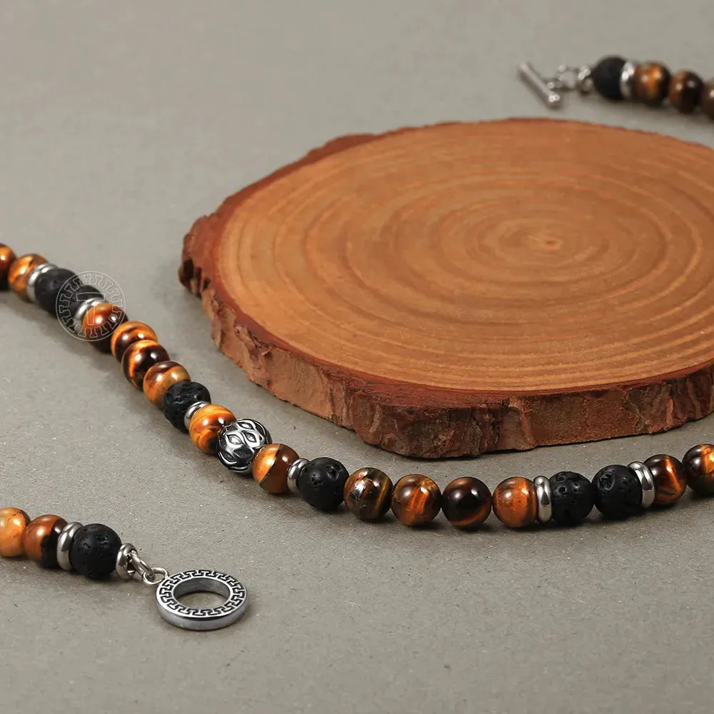 8mm Natural Stone Tiger Eyes Lava Bead Necklace Stainless Steel  Charm Choker 18/20 inch