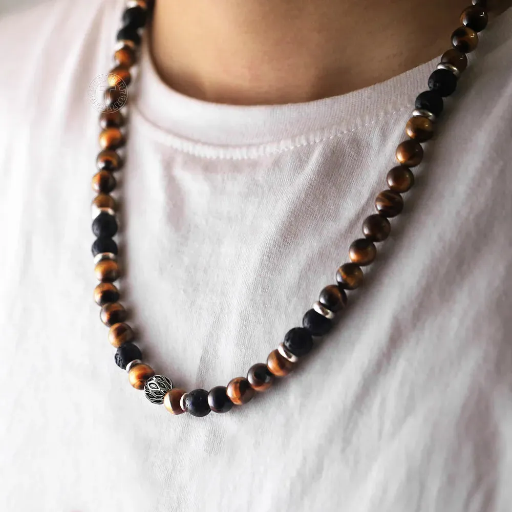 8mm Natural Stone Tiger Eyes Lava Bead Necklace Stainless Steel  Charm Choker 18/20 inch