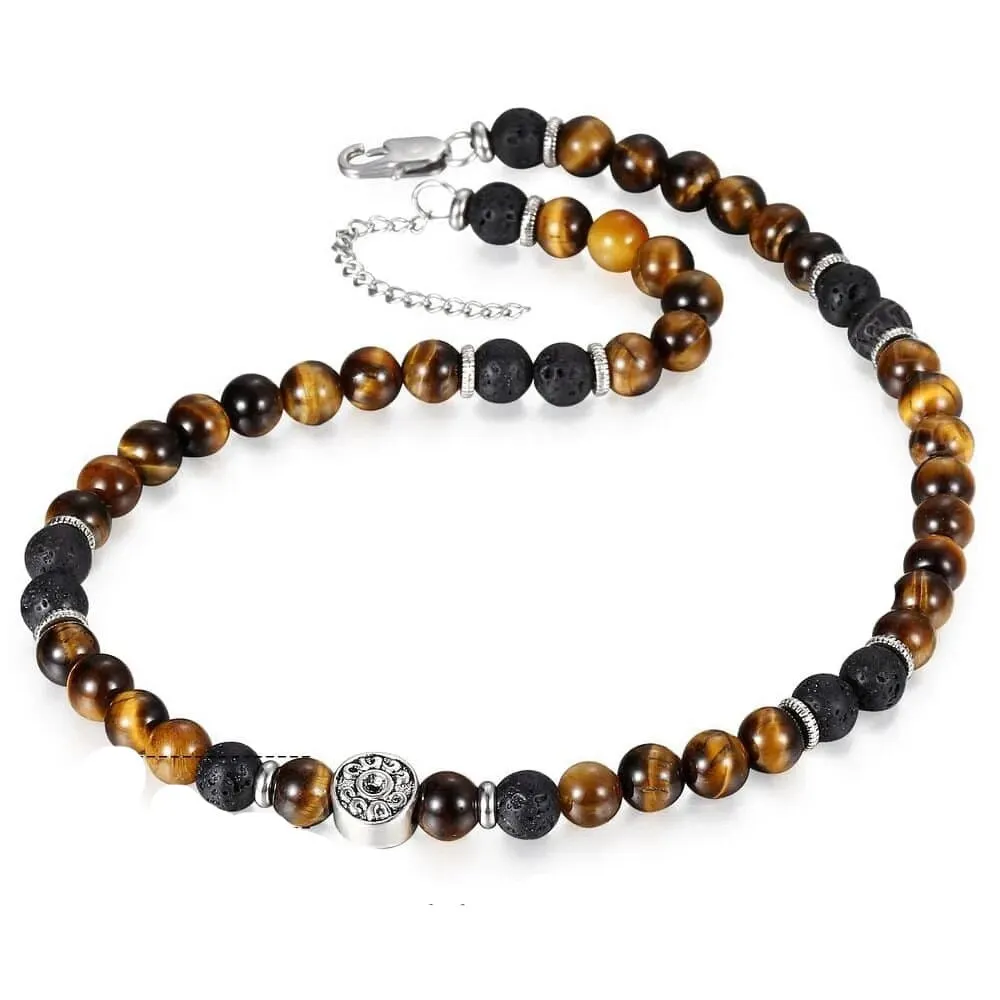 8mm Natural Stone Tiger Eyes Lava Bead Necklace Stainless Steel  Charm Choker 18/20 inch