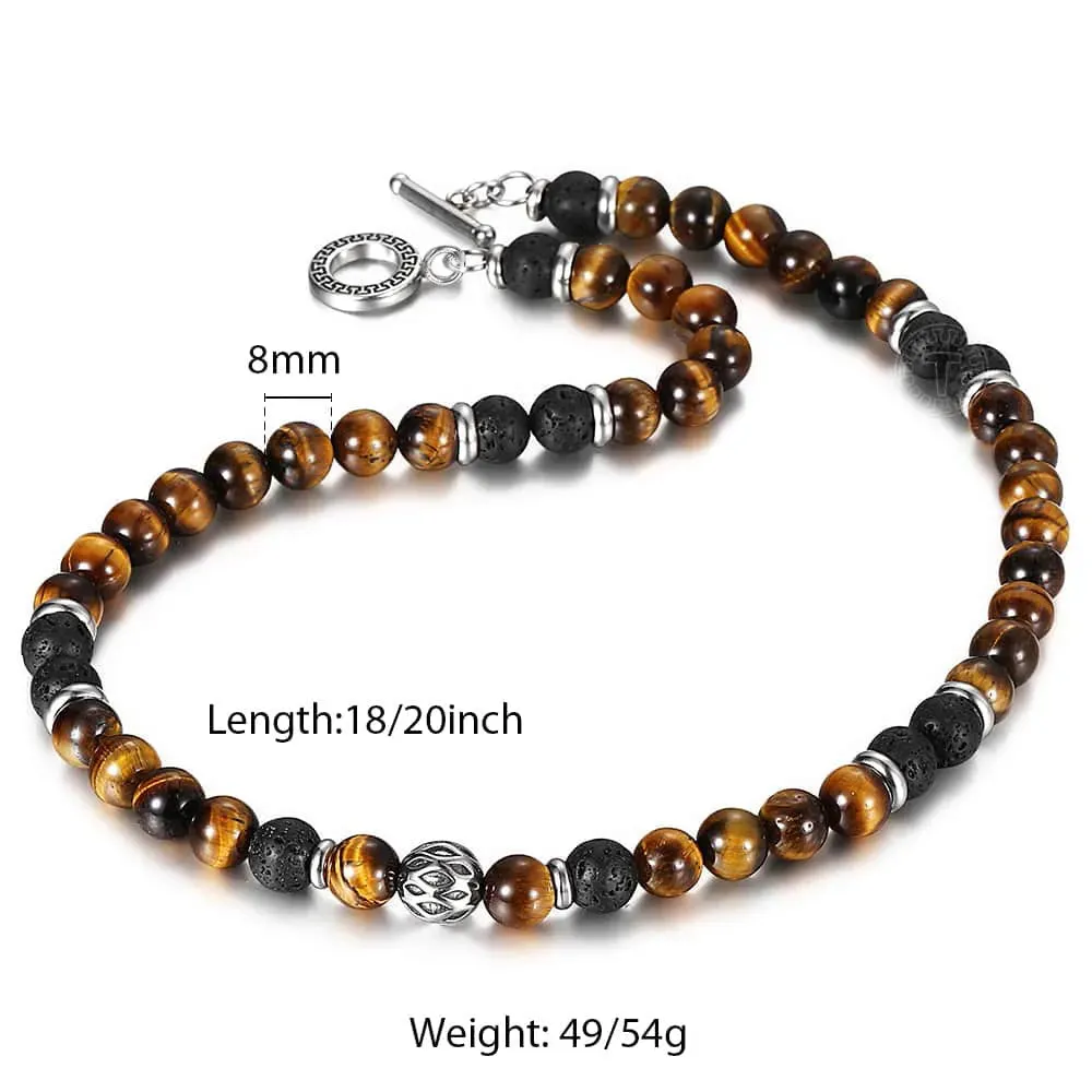 8mm Natural Stone Tiger Eyes Lava Bead Necklace Stainless Steel  Charm Choker 18/20 inch