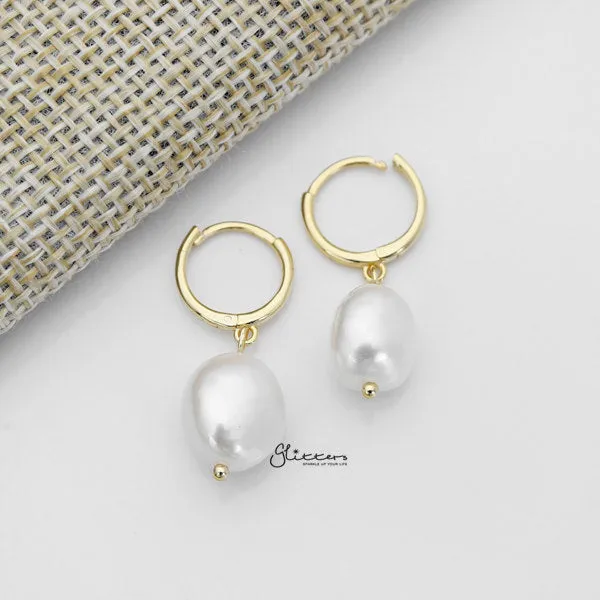 925 Sterling Silver Dangle Freshwater Pearl One-Touch Huggie Hoop Earrings