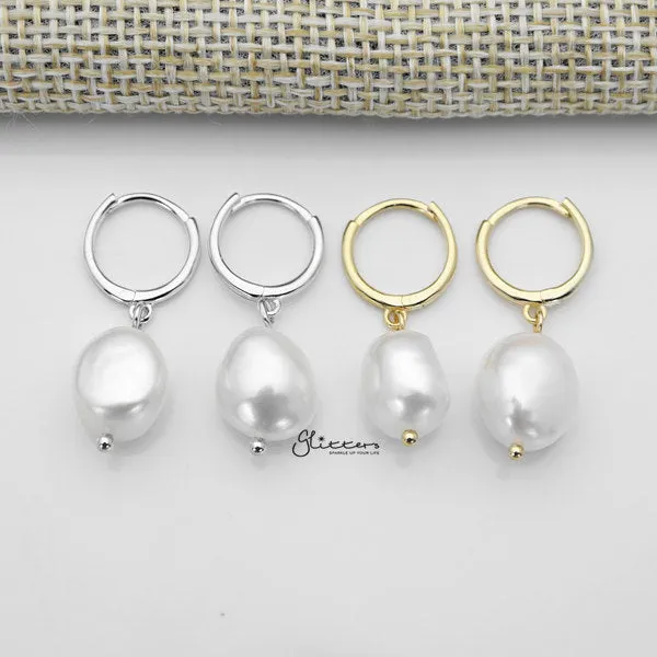 925 Sterling Silver Dangle Freshwater Pearl One-Touch Huggie Hoop Earrings
