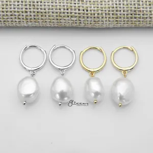 925 Sterling Silver Dangle Freshwater Pearl One-Touch Huggie Hoop Earrings