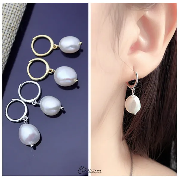 925 Sterling Silver Dangle Freshwater Pearl One-Touch Huggie Hoop Earrings