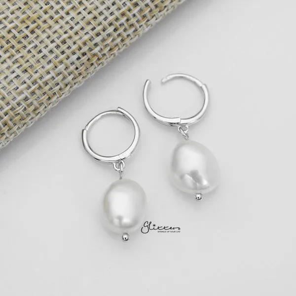 925 Sterling Silver Dangle Freshwater Pearl One-Touch Huggie Hoop Earrings