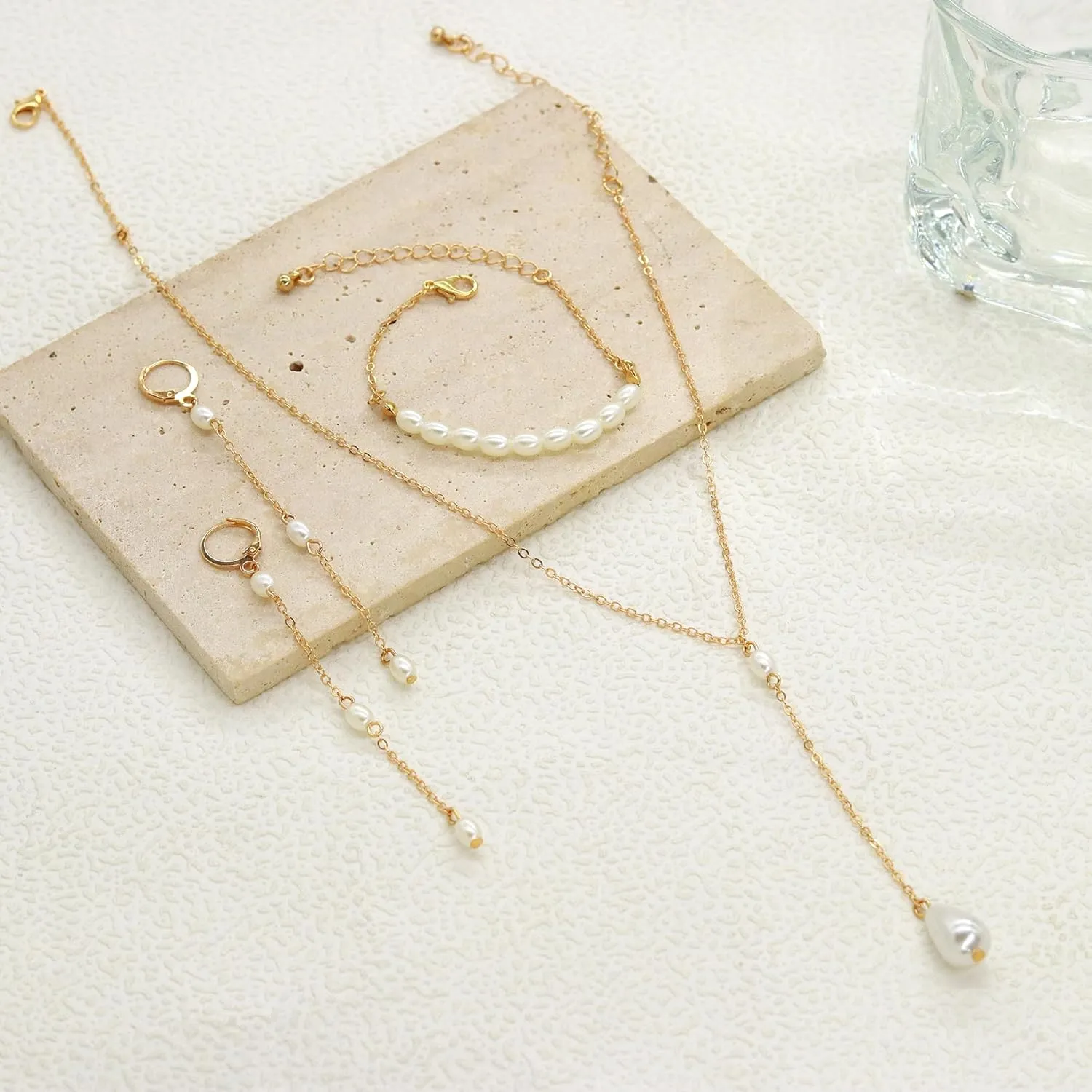 AILUOR Gold Jewelry Set for Women - 14K Gold Plated Pearl Necklace & Earring Set with Drop Earrings, Bracelets, Choker Necklace - Dainty Wedding Pearl Jewelry