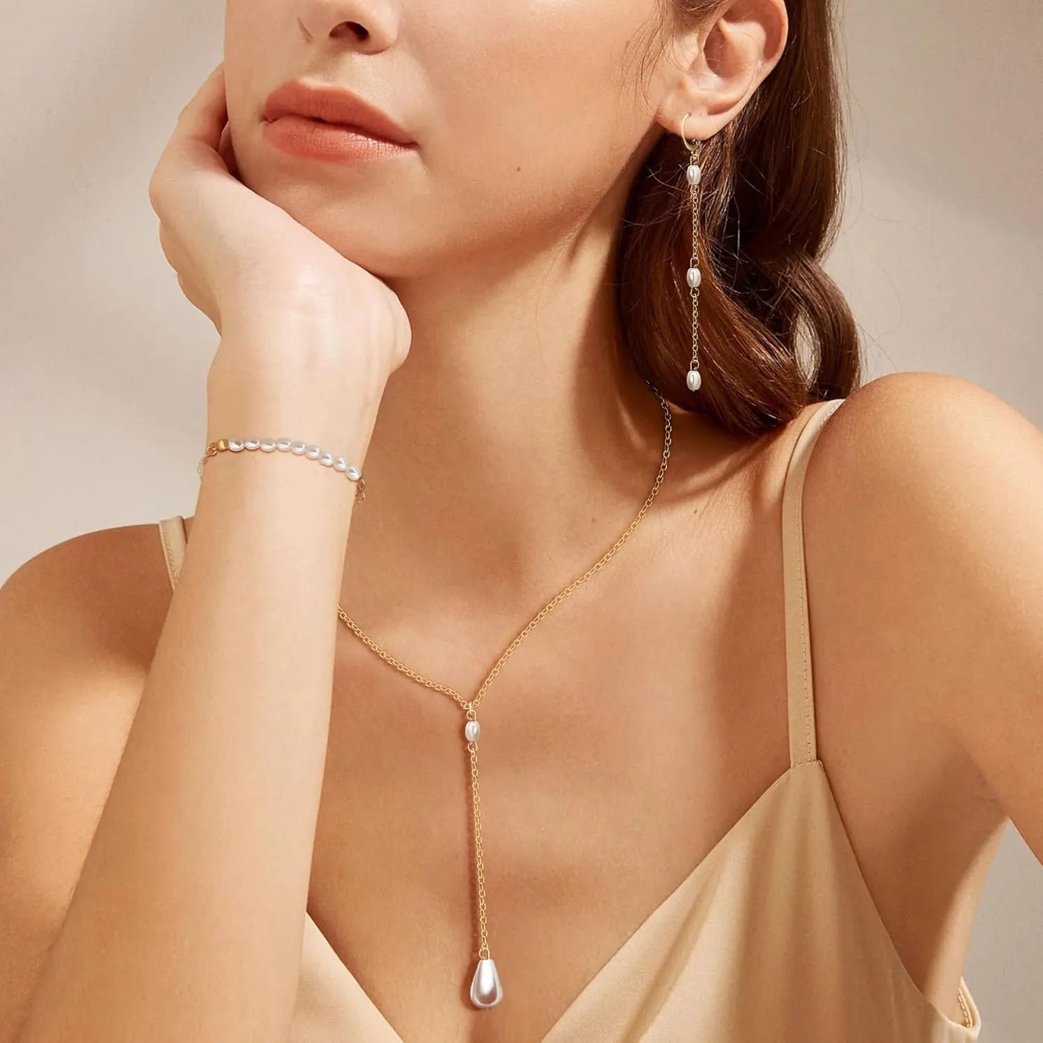 AILUOR Gold Jewelry Set for Women - 14K Gold Plated Pearl Necklace & Earring Set with Drop Earrings, Bracelets, Choker Necklace - Dainty Wedding Pearl Jewelry