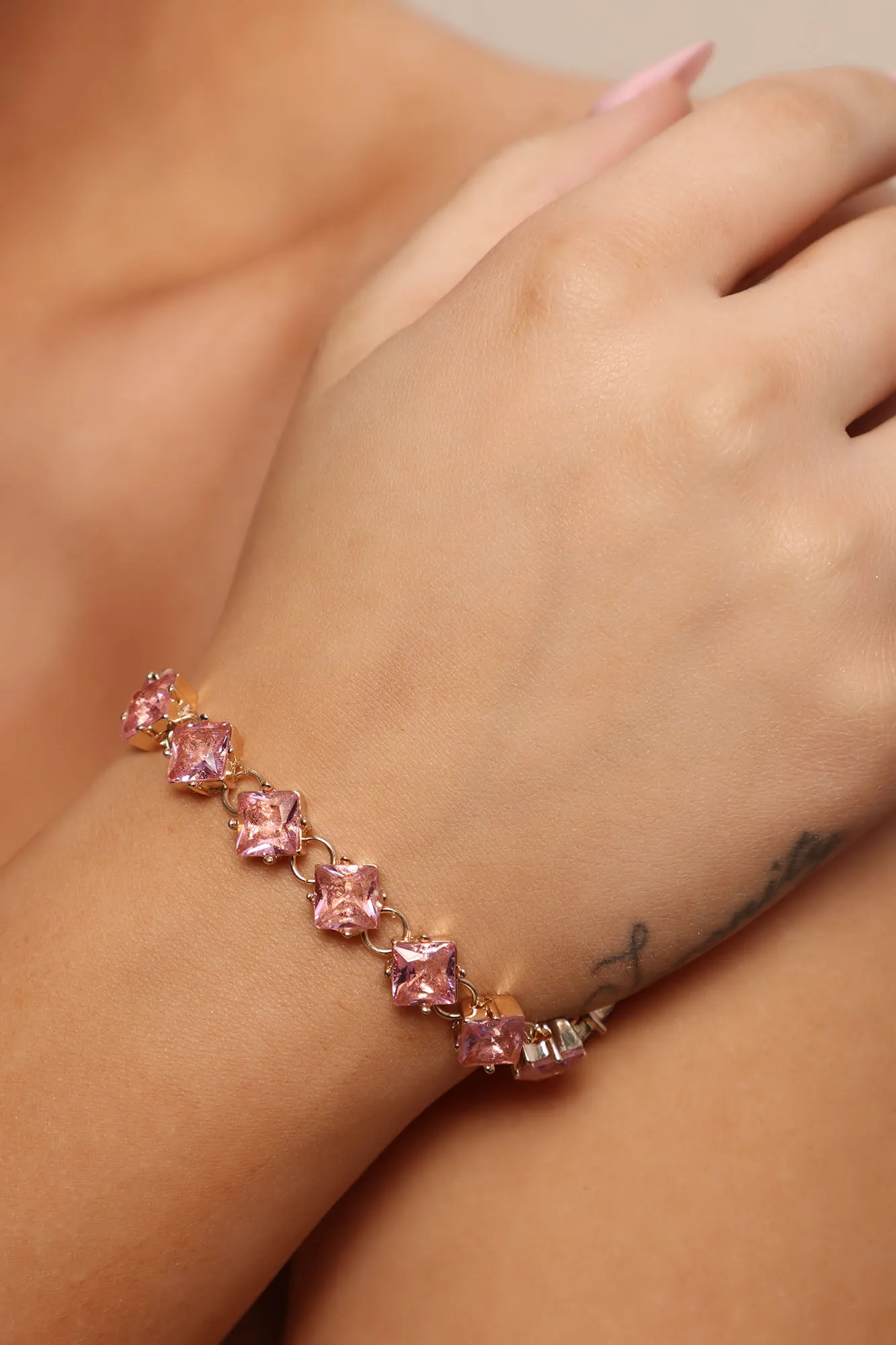 All Girls Club Rhinestone Bracelet - Gold/Pink