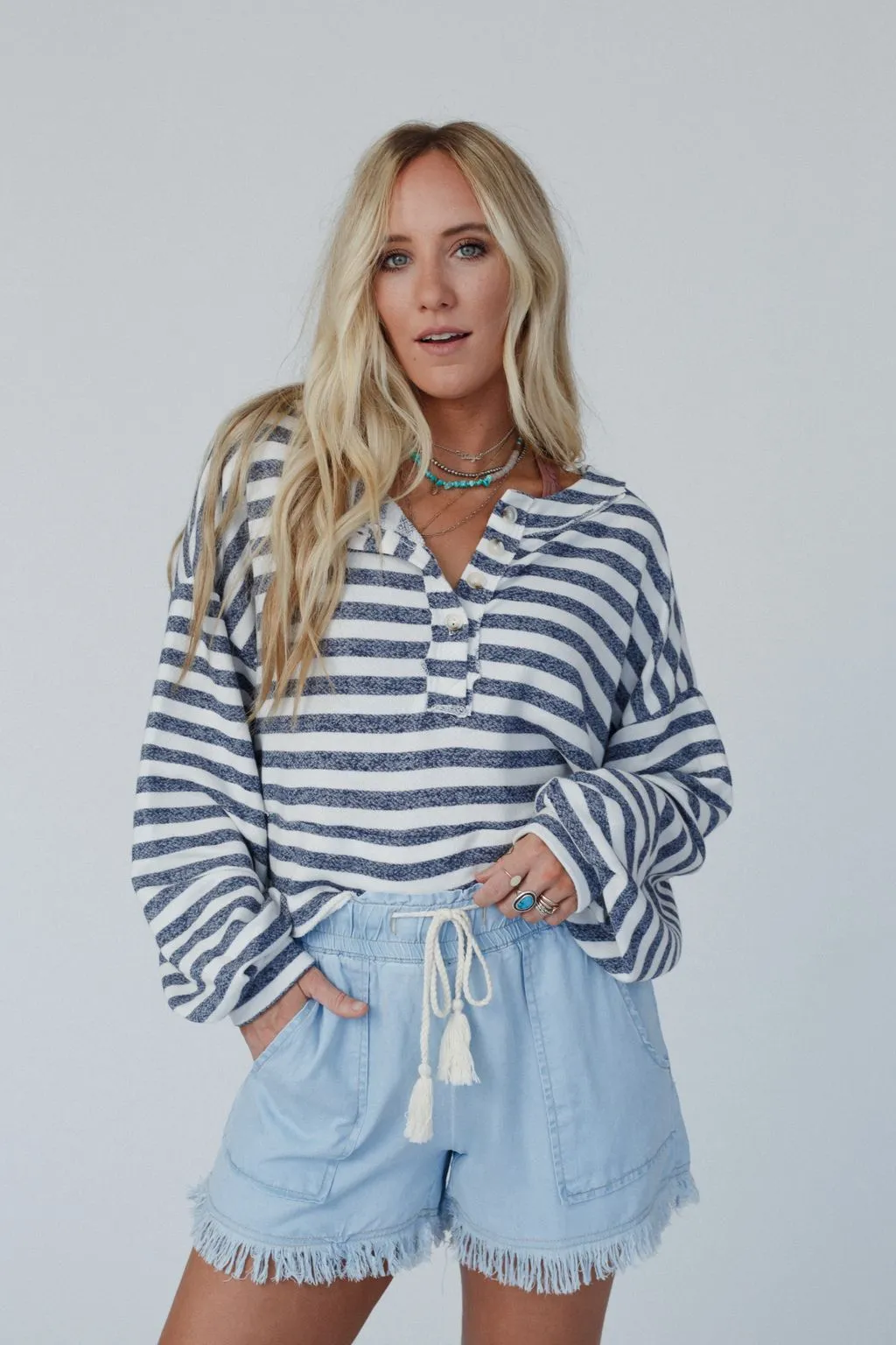 Alliyah Striped Henley Top - Navy