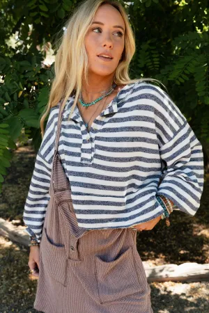 Alliyah Striped Henley Top - Navy