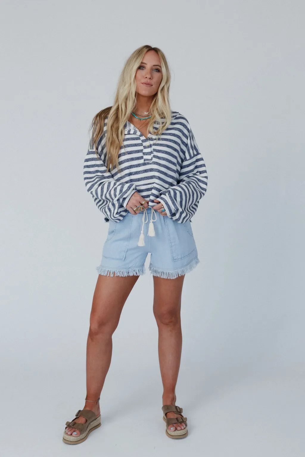 Alliyah Striped Henley Top - Navy