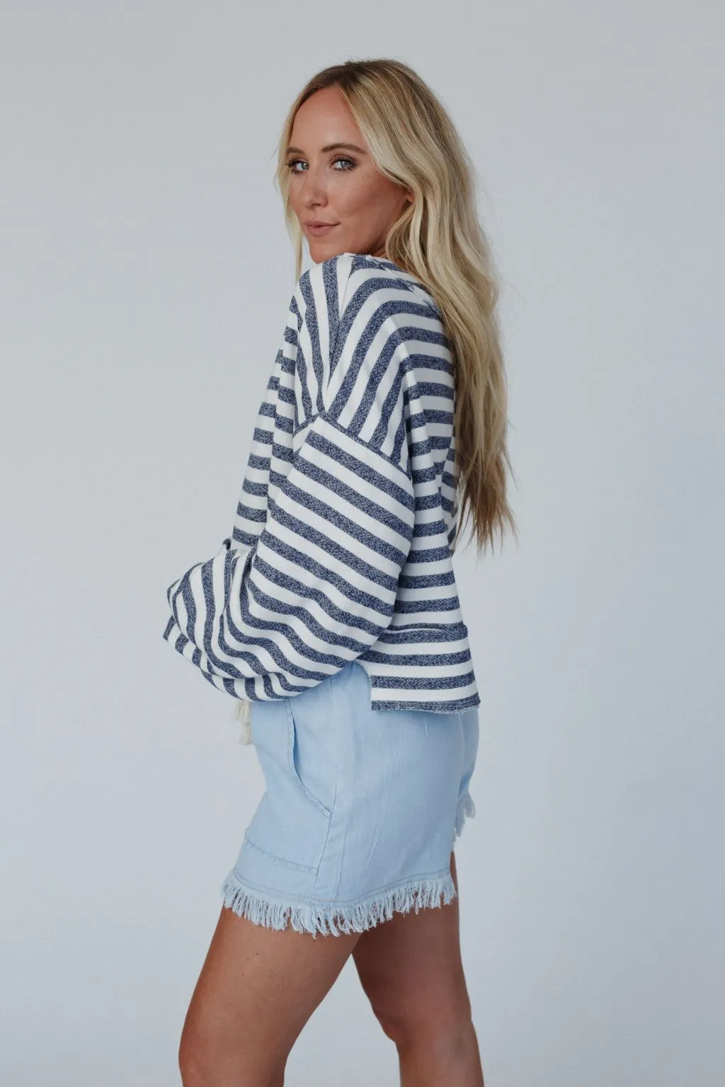 Alliyah Striped Henley Top - Navy