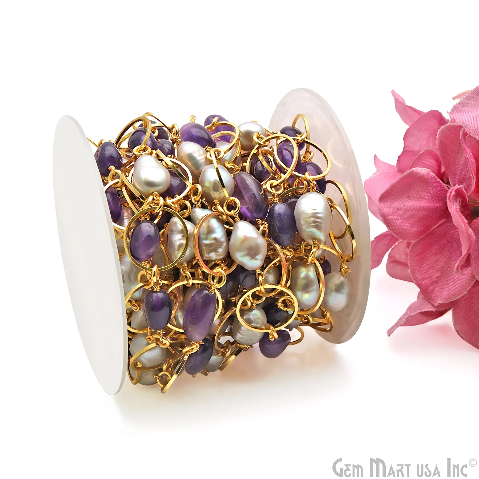 Amethyst & Pearl With Gold Plated Round Finding Rosary Chain
