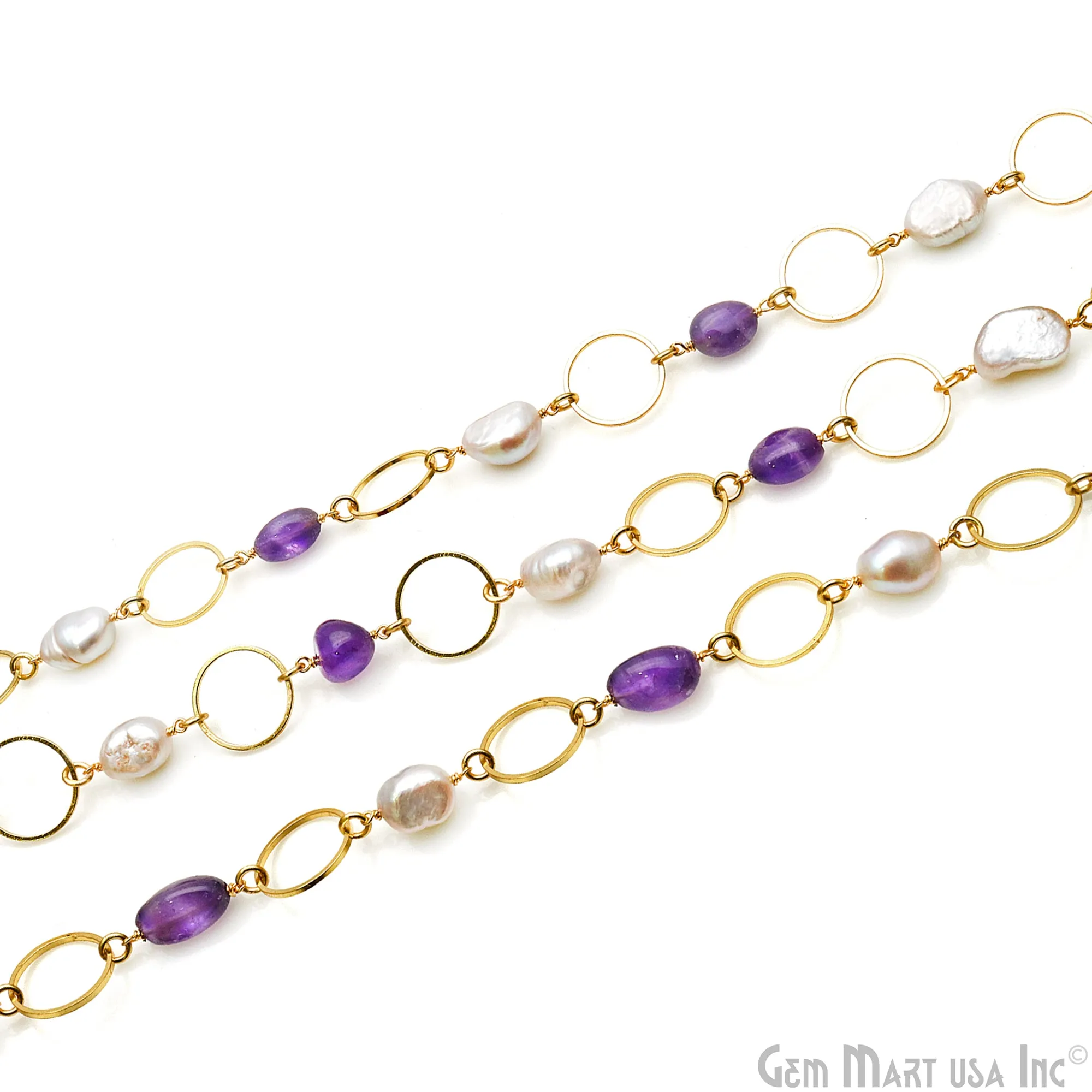 Amethyst & Pearl With Gold Plated Round Finding Rosary Chain