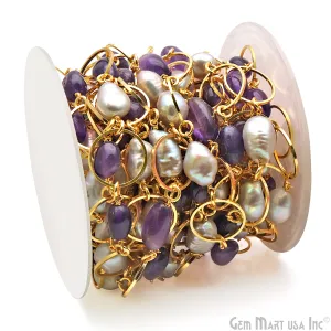 Amethyst & Pearl With Gold Plated Round Finding Rosary Chain