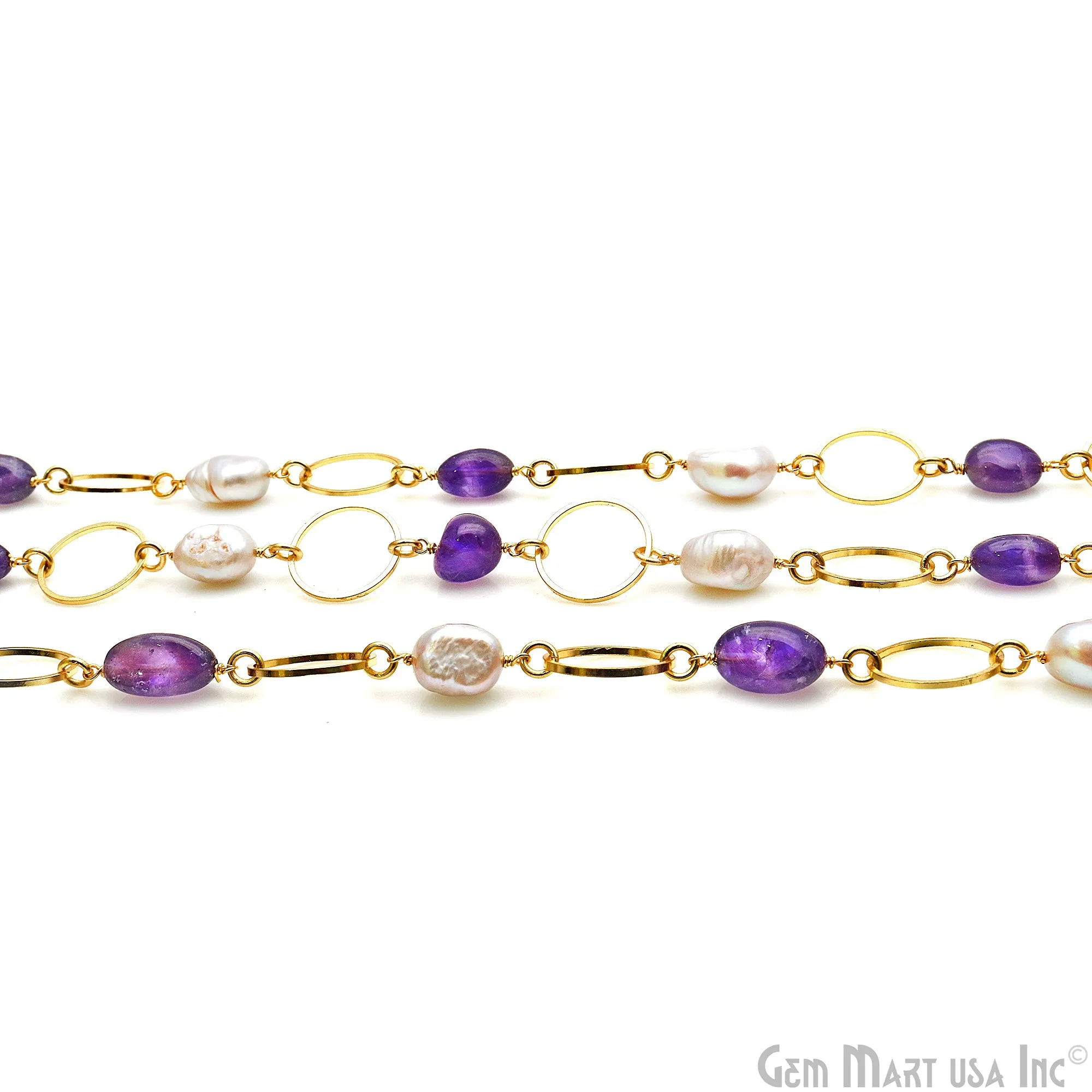 Amethyst & Pearl With Gold Plated Round Finding Rosary Chain