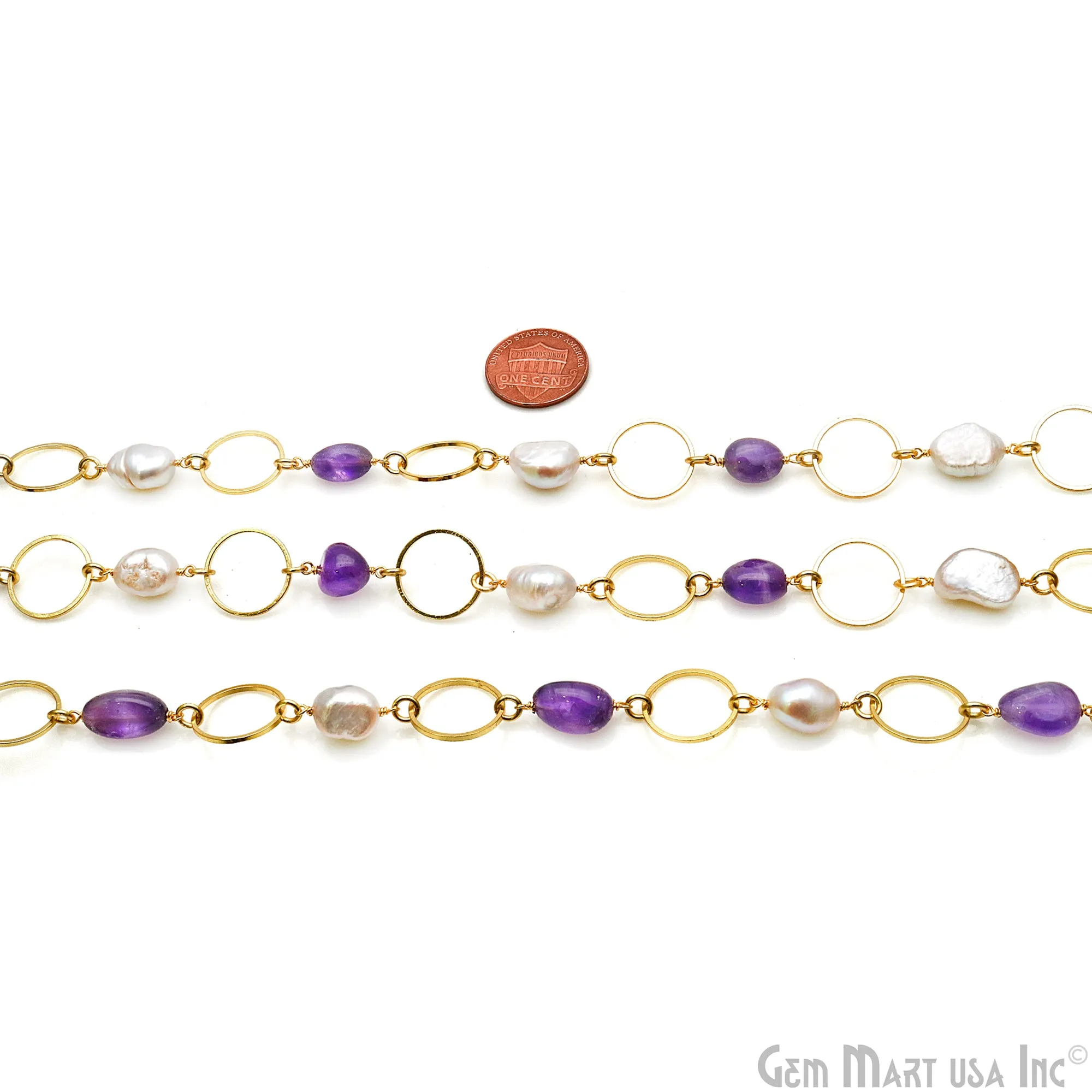 Amethyst & Pearl With Gold Plated Round Finding Rosary Chain