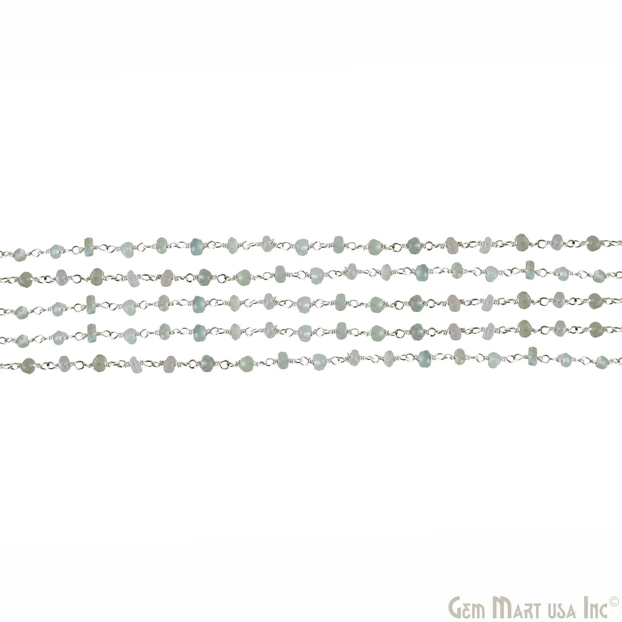 Aquamarine Faceted 4-5mm Silver Plated Wire Wrapped Rosary Chain