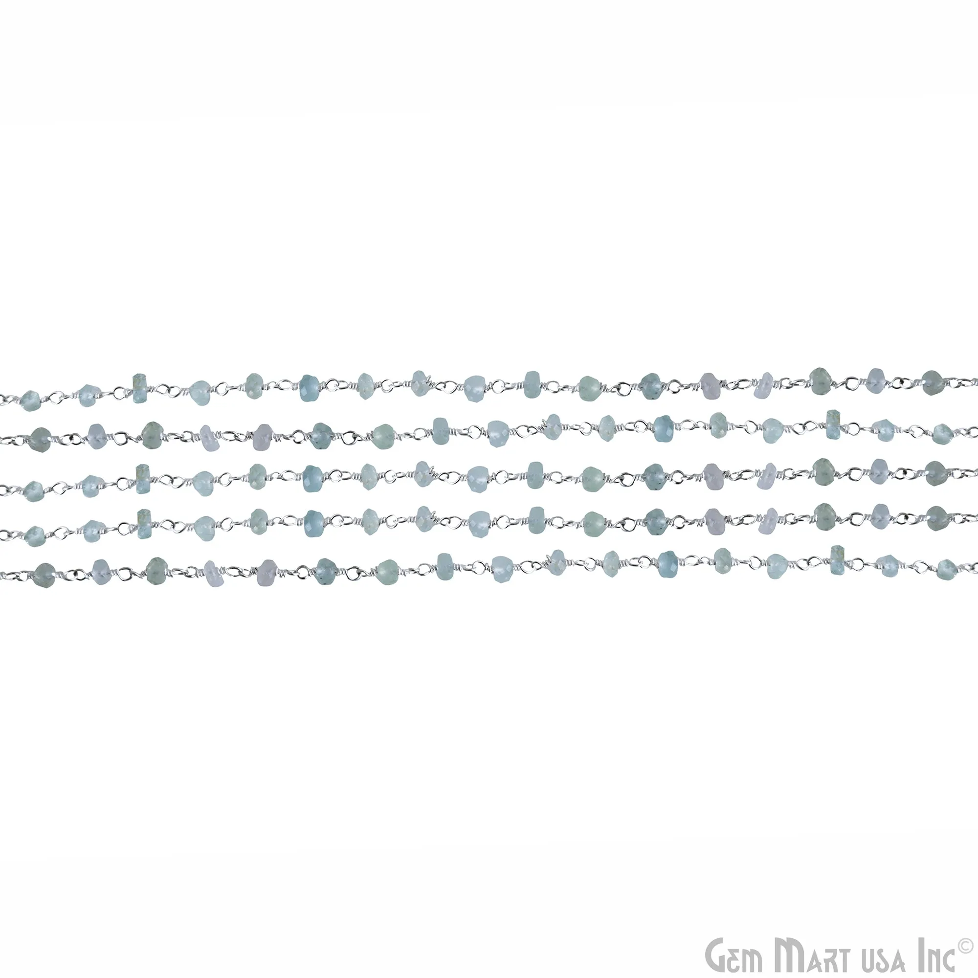Aquamarine Faceted 4-5mm Silver Plated Wire Wrapped Rosary Chain
