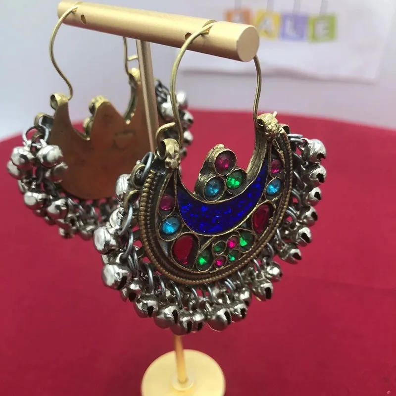 Blue Kuchi Bali Earrings With Small Silver Bells