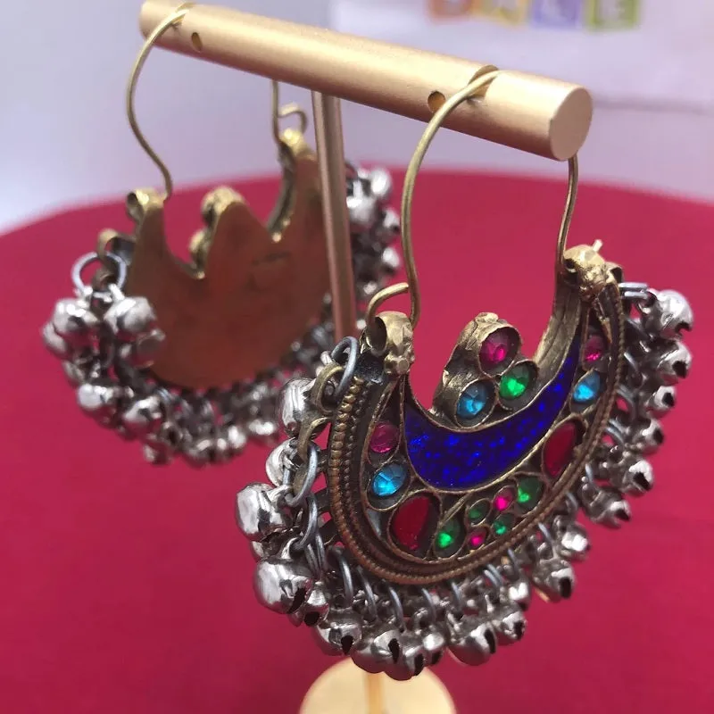 Blue Kuchi Bali Earrings With Small Silver Bells