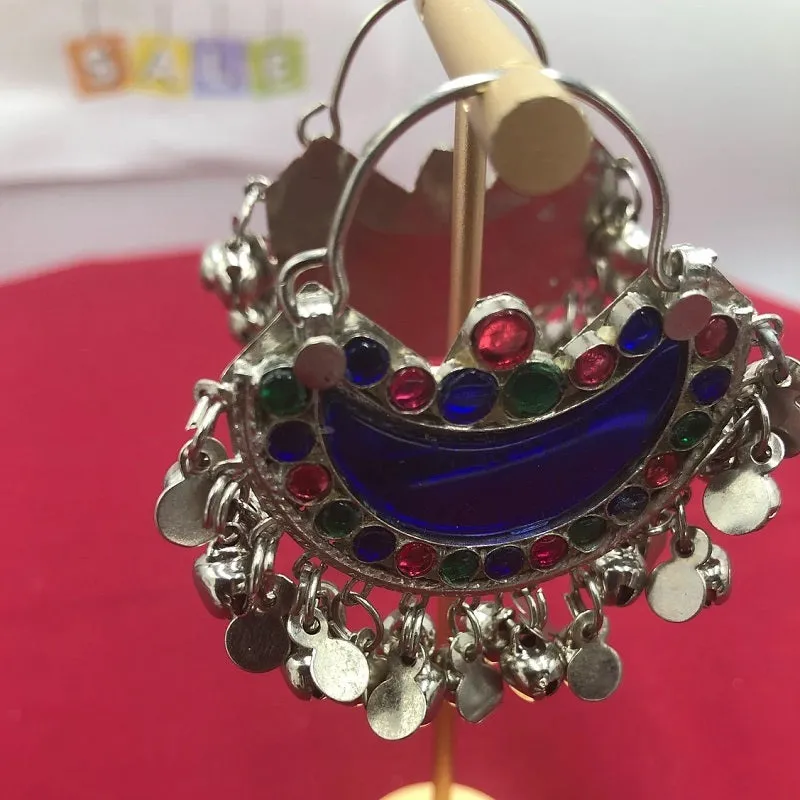 Blue Kuchi Bali Earrings With Small Silver Bells