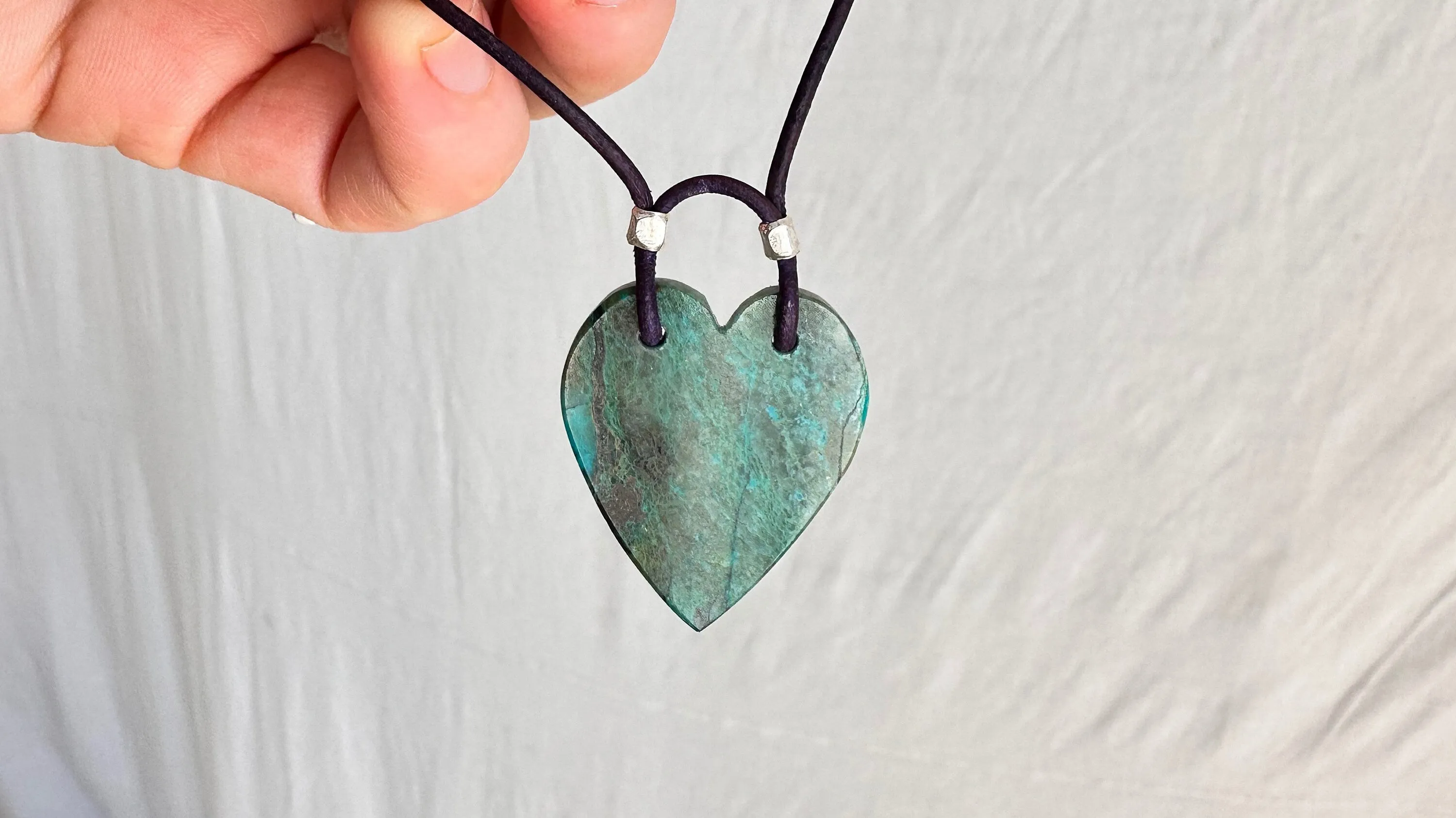 Chrysocolla Heart Pendant Necklace. Leather Cord. 0996