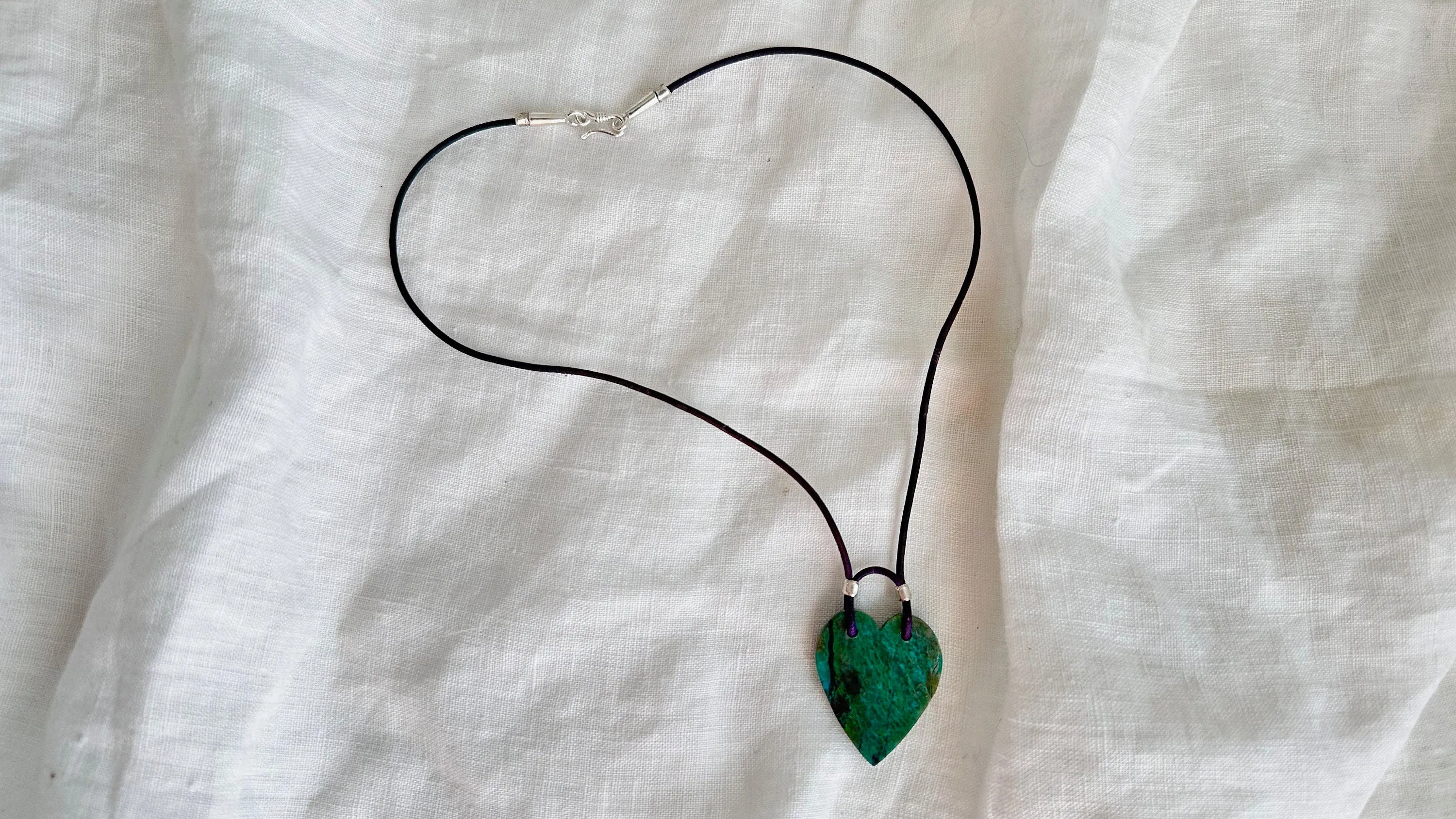 Chrysocolla Heart Pendant Necklace. Leather Cord. 0996