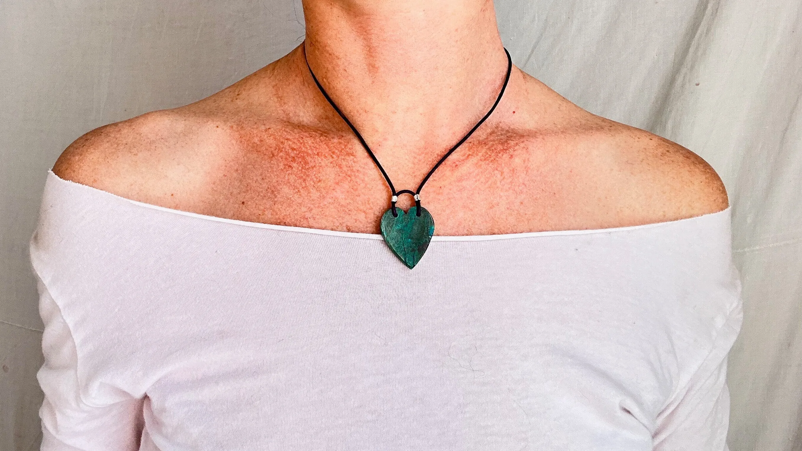 Chrysocolla Heart Pendant Necklace. Leather Cord. 0996