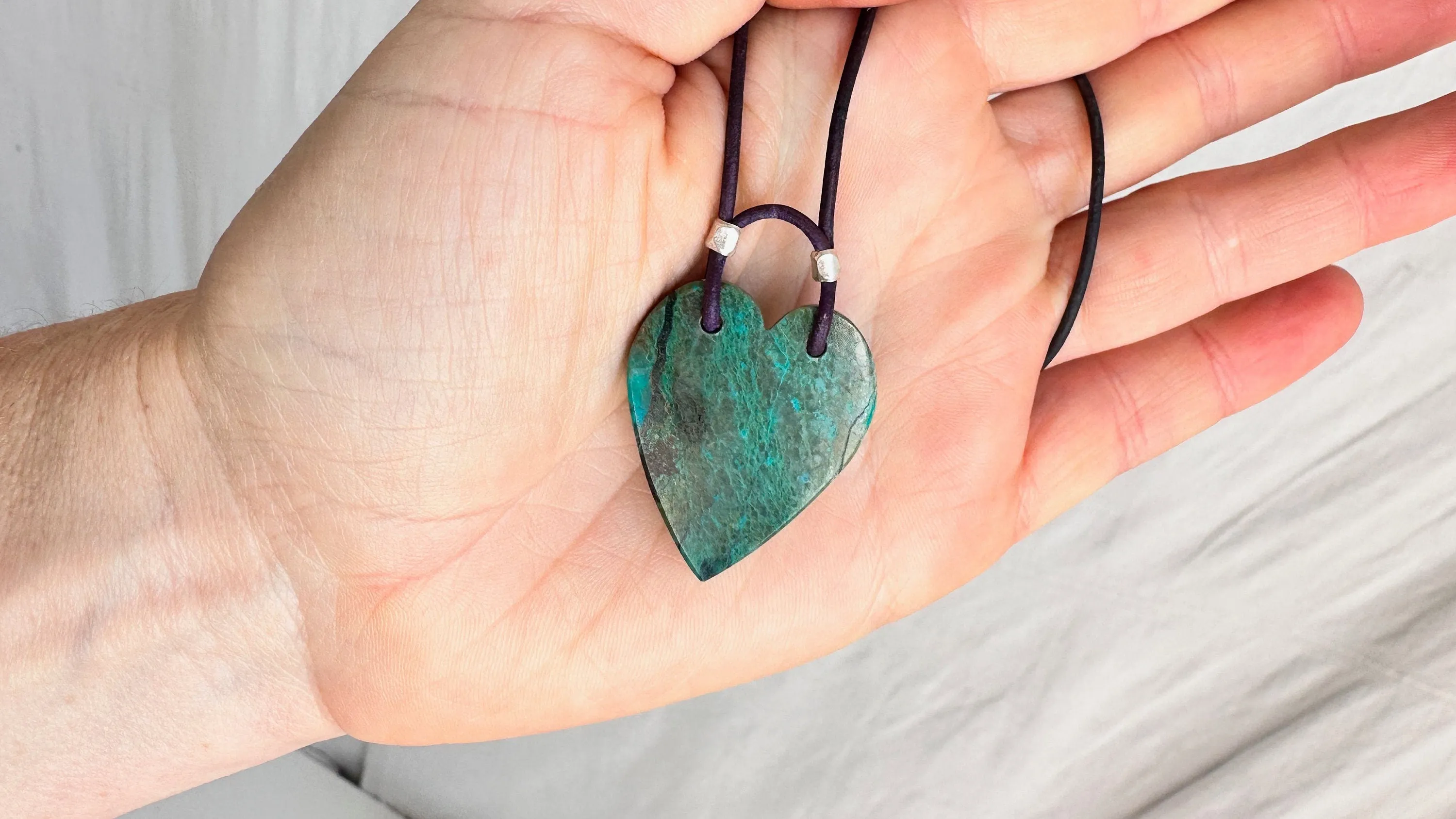 Chrysocolla Heart Pendant Necklace. Leather Cord. 0996